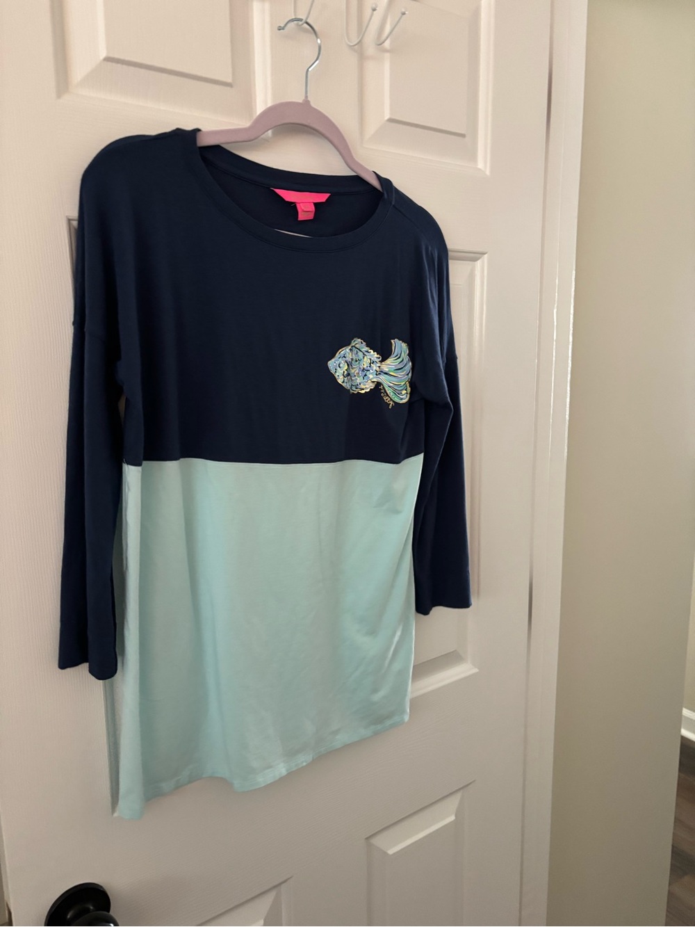 Lilly Pulitzer Navy and Light Blue Colorblock Long-Sleeve Top with Fish Accent